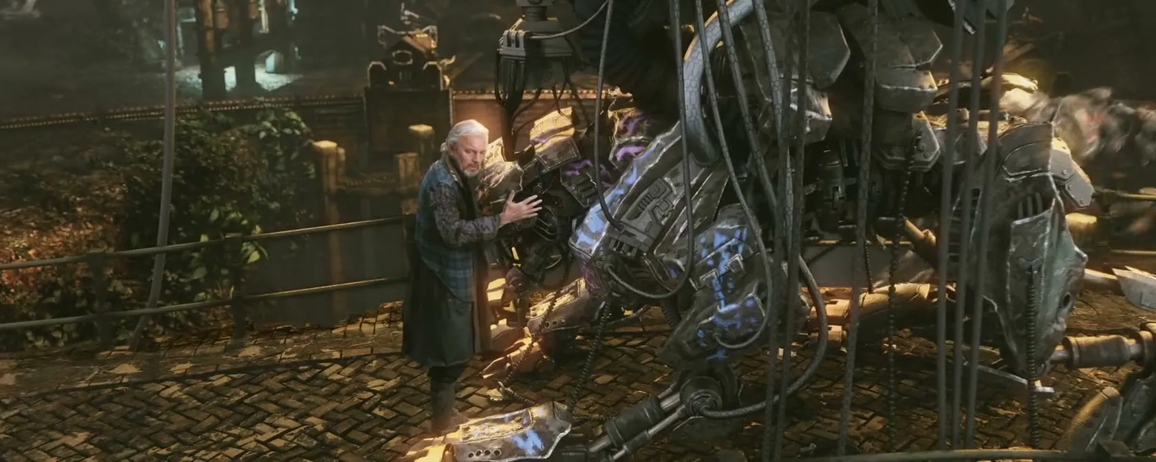 A frame from Tears of Steel inside the π shape: an old man beside a giant robot on a cobbled street